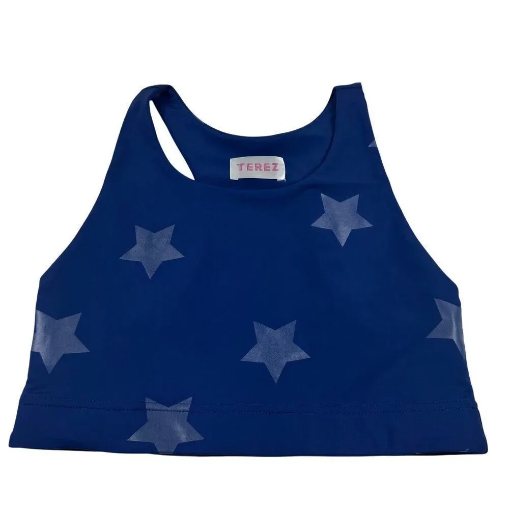 Terez Uplift Sports Bra Navy Star Foil Medium Racerback Unlined Athletic NWOT